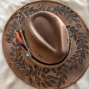 Brown Wide Brim Hat with Feather and Leaf Design